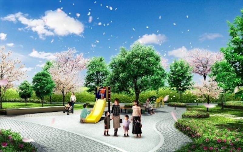 豊富な樹木や花々に囲まれ、子ども向けの遊具もある「ハーモニーガーデン」完成予想CG