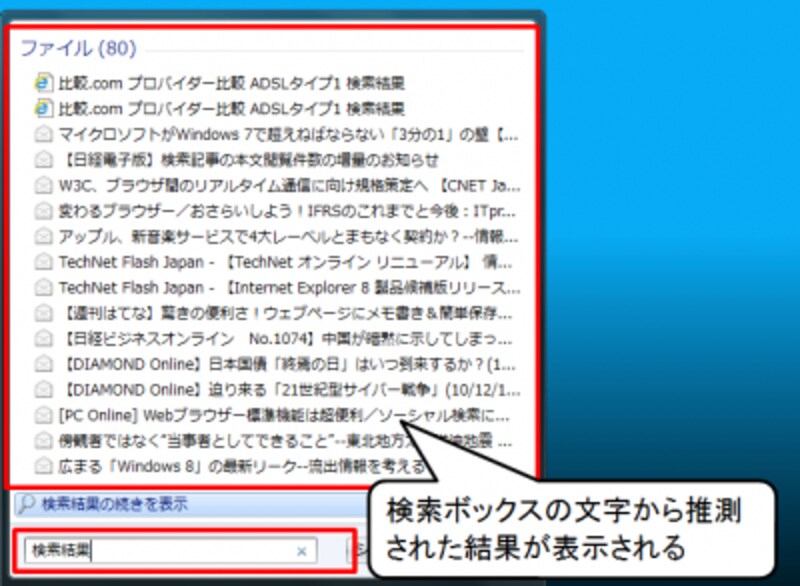 検索結果の表示画面
