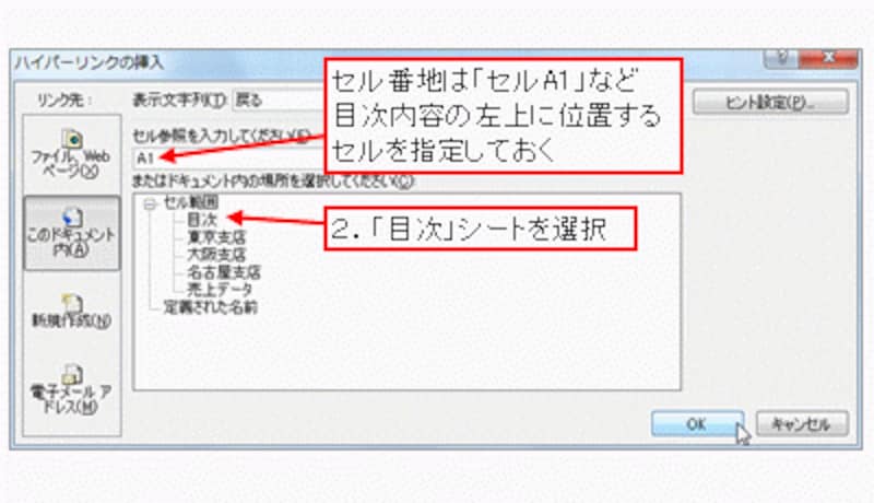 目次シートへ戻るハイパーリンクの設定