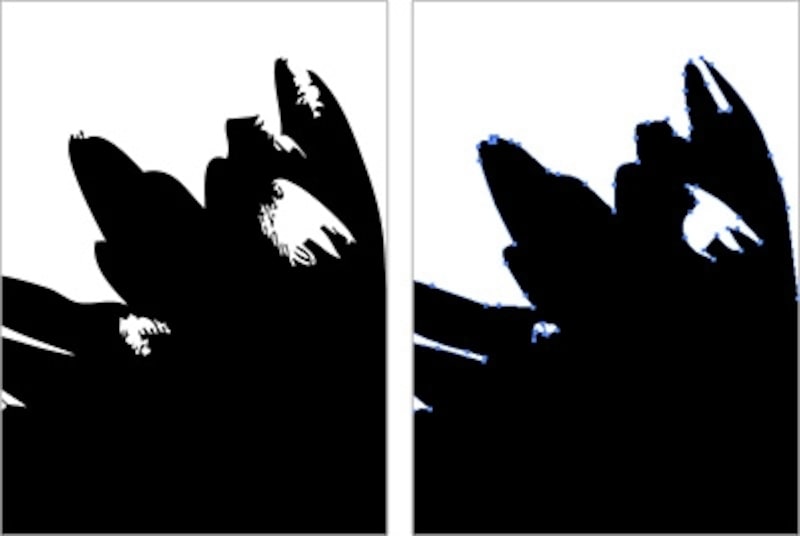 Illustrator CS5(左)では形がごつごつしているのに対し、Illustrator CS6ではなめらかな形で処理されている。