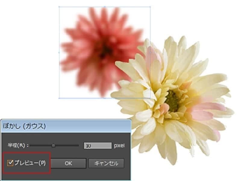 Illustrator CS6では実際の画面でぼかしの適用具合を見ながら調整できる。