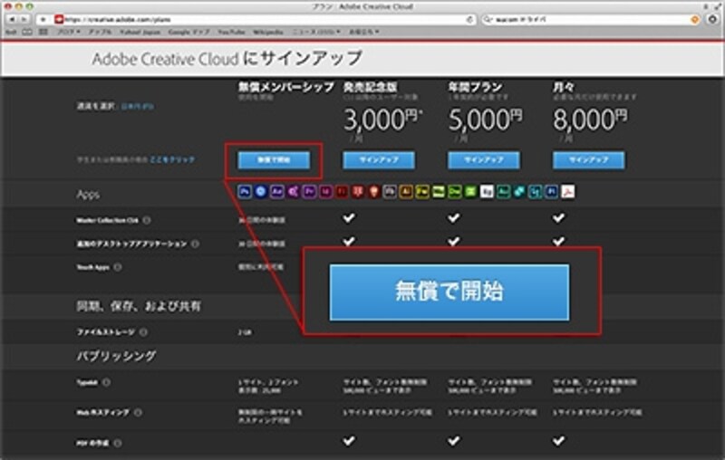 「無償で開始」をクリック。