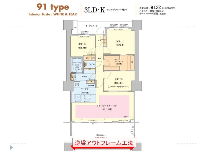 91.32平米の3LDK、南向きの間取り