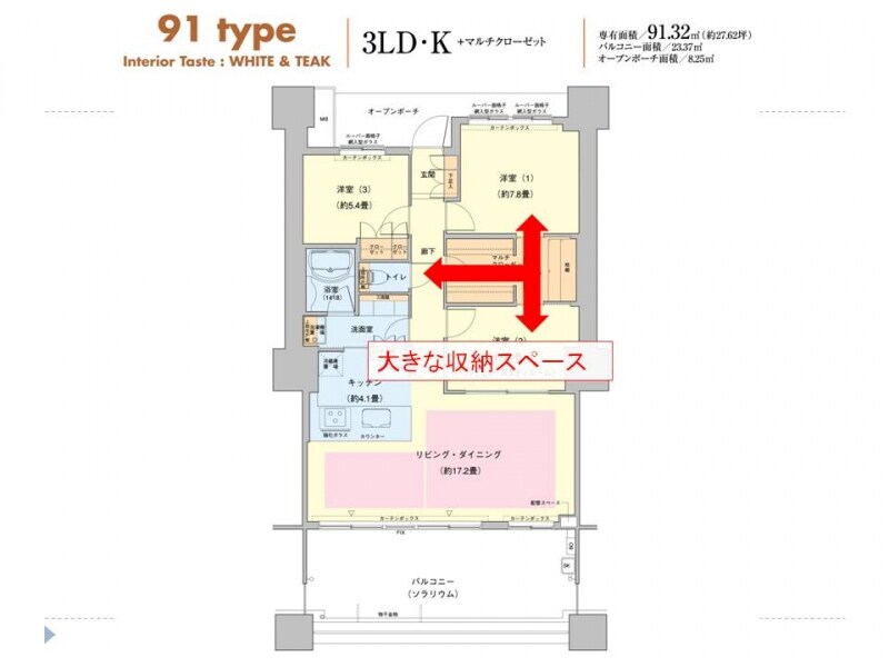 91.32平米の3LDK、南向きの間取り