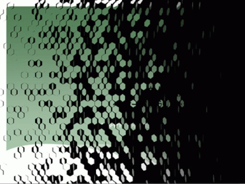画面上を六角形の粒がきらきらしながらスライドの文字が現れる。