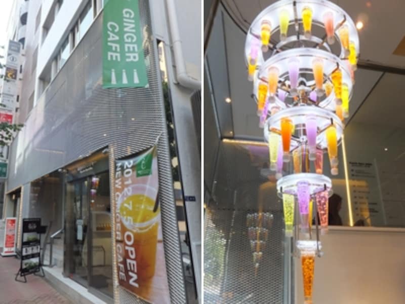 左：店頭／右：ジンジャーシロップのボトルをデザインしたカラフルなシャンデリア