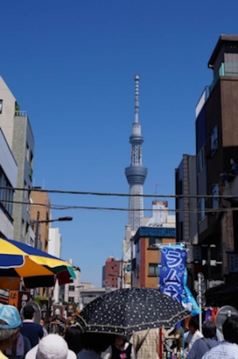 プレミアムおまかせオートundefinedF13 1/320秒 ISO100undefinedDT 18-55mm(52mm相当)「かっぱ橋本通りからのスカイツリー」undefinedD-レンジオプティマイザーの働きで、空の青さと人混みを最適な明るさと色合いで再現できた