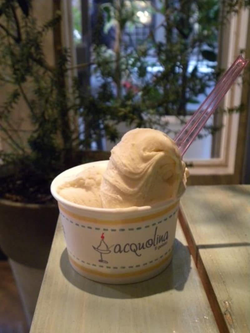 「アクオリーナ」のジェラート、カップ2種盛り。ヴィンサントのザバイオーネとカルダモン