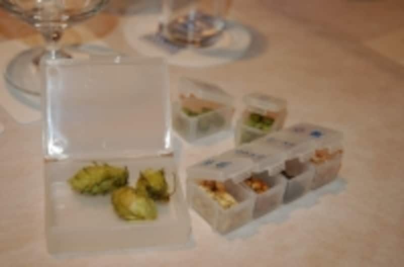 実際のビール造りに使用されるモルトやホップの数々も並べられ、「香り」へのこだわりを実体験できる