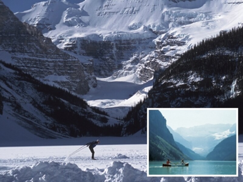 凍結したレイクルイーズの湖上を滑るのは冬ならではの体験（画像内右下のカヌー画像が夏） (C) Travel Alberta （夏の小画像はFairmont Resorts）