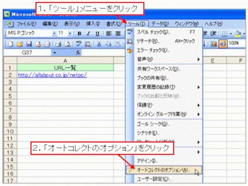 「ツール」メニュー→「オートコレクトのオプション」をクリック