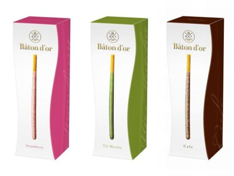 「バトンドール」の「バトンドール」（内容量 4本×5袋、税込481円）、〔ストロベリー〕〔宇治抹茶〕〔カフェ〕