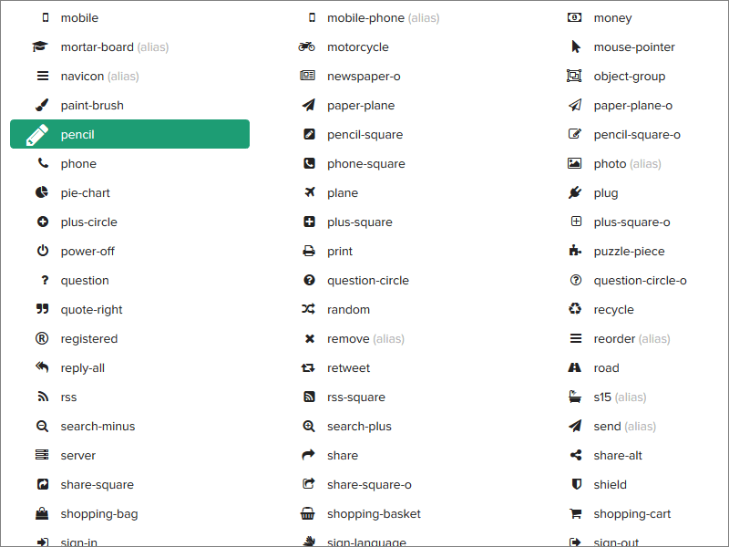 公式サイトにあるアイコン一覧ページ (Ver 4.7.0)