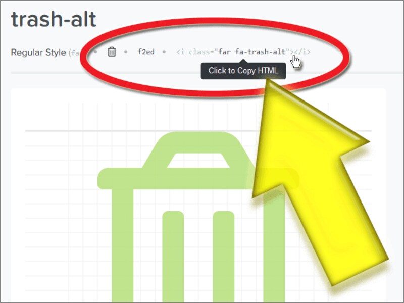 HTMLソース部分をクリックすると、そのアイコンを表示するためのソースをコピーできる