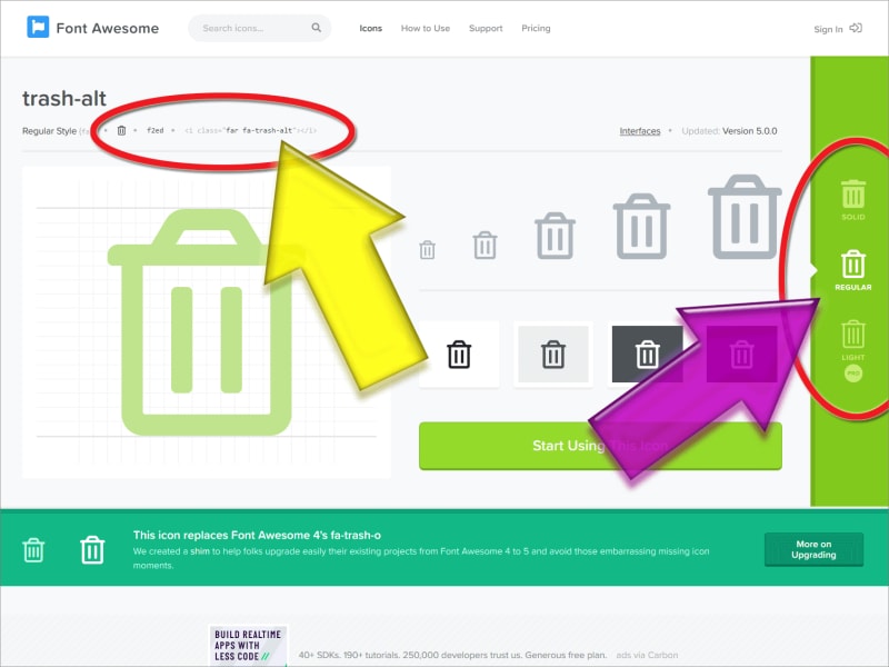 Font Awesome 5のゴミ箱(Trash)アイコンページ：左上に使い方が表示され、右端では書体を選択できる