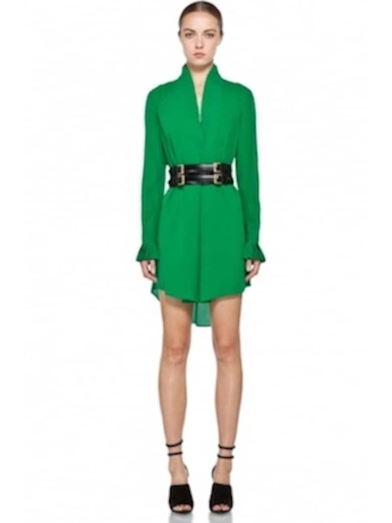 ALEXANDER MCQUEEN（アレキサンダー・マックイーン）／Georgette Cuffed Dress with Pleated Neck in Emerald