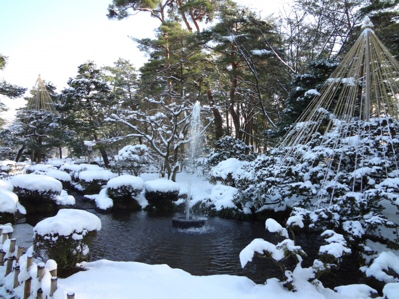 噴水と雪が積もった周りの木々が作り出す景観も見ごたえがあります