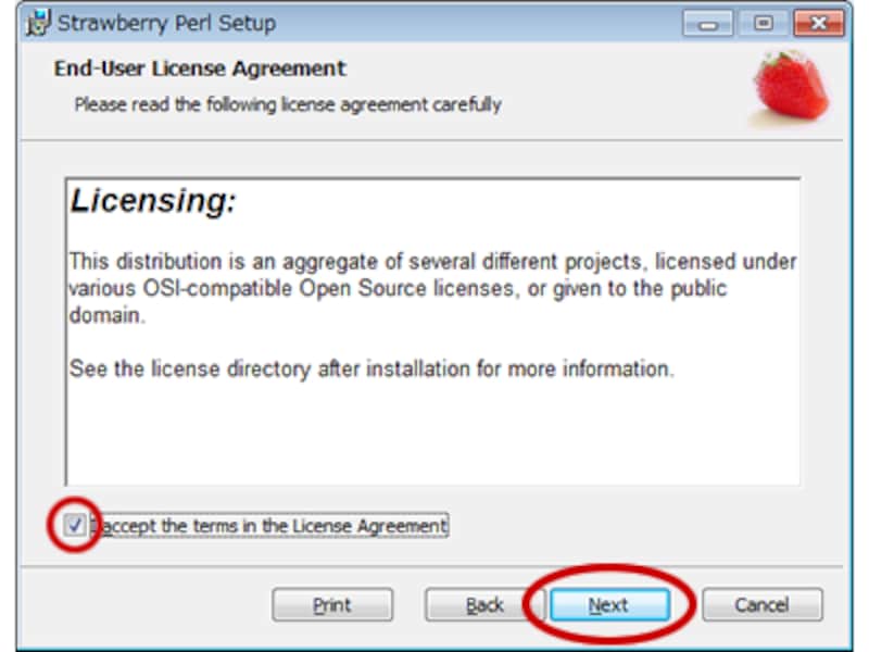 Strawberry Perl のインストール画面(2) ライセンスへの同意