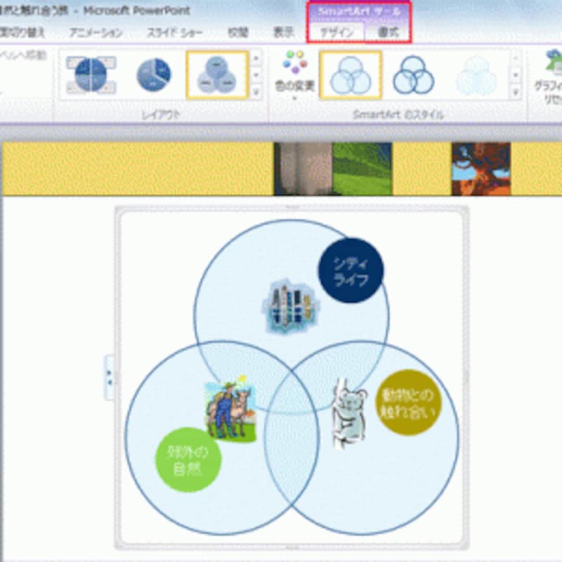 変換後に図表をクリックすると、「Smart Artツール」タブが表示されるので、図表の編集が行える。