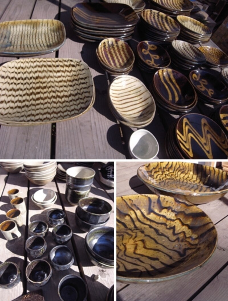 齊藤十朗さんの作品。上は様々な技法を凝らしたスリップウェア。右下、タイガースファンも喜びそうな模様