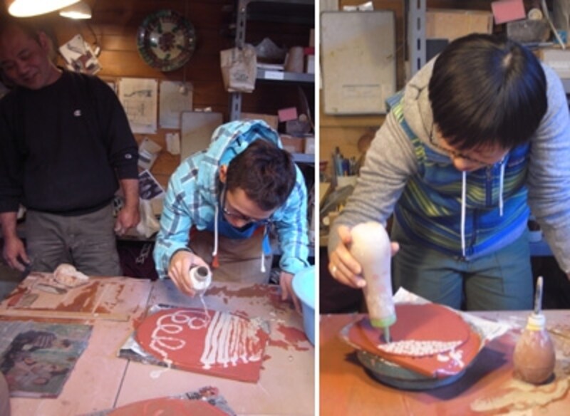 みんなも挑戦。左、某インテリアショップスタッフ、右某器屋スタッフ