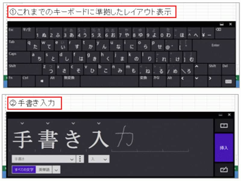 これまでのキーボードに準拠したレイアウトと手書き入力※これまでのキーボードに準拠したレイアウトに設定すると、ファンクションキーなどの操作も可能になります。