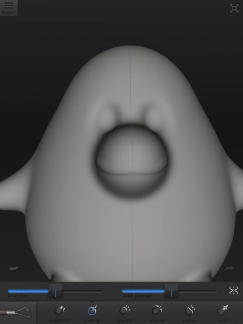 「Sculpt Out(盛り上げ)」でくちばしの部分を帯状に膨らみを持たせ、「Sculpt in(彫り下げ)」で目の部分にくぼみを付けた例。
