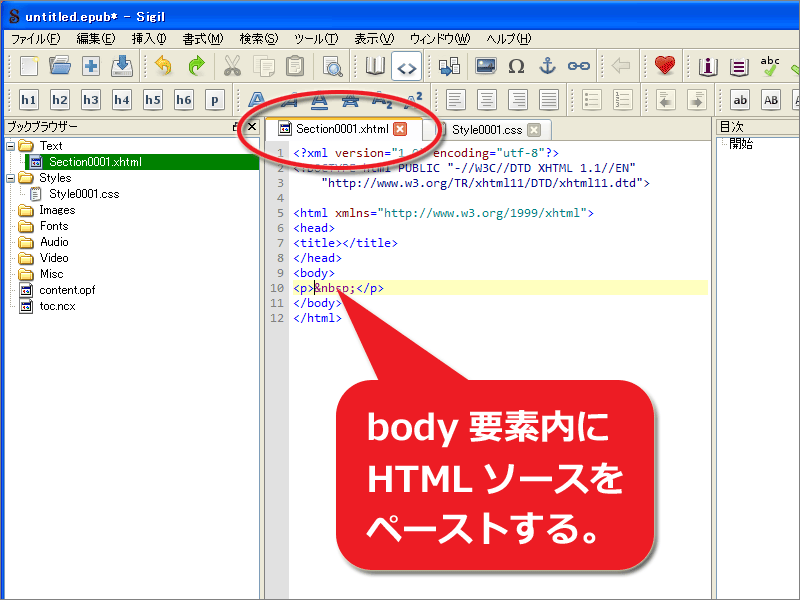body要素内にHTMLソースを貼り付け