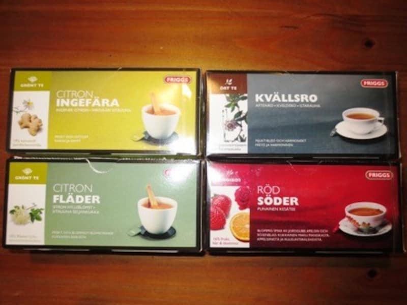 ハーブティー。「Friggs(フリッグス)」社から出されており、いくつか種類があります。その中でも、「Citron Fläder (シトロンフレーデル)」と呼ばれるレモンとフレ-デルというお花のお茶は、スウェーデンらしい味が楽しめます。