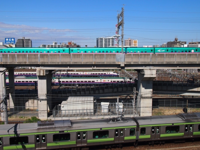 向こう側には無数の新幹線車両がいる。