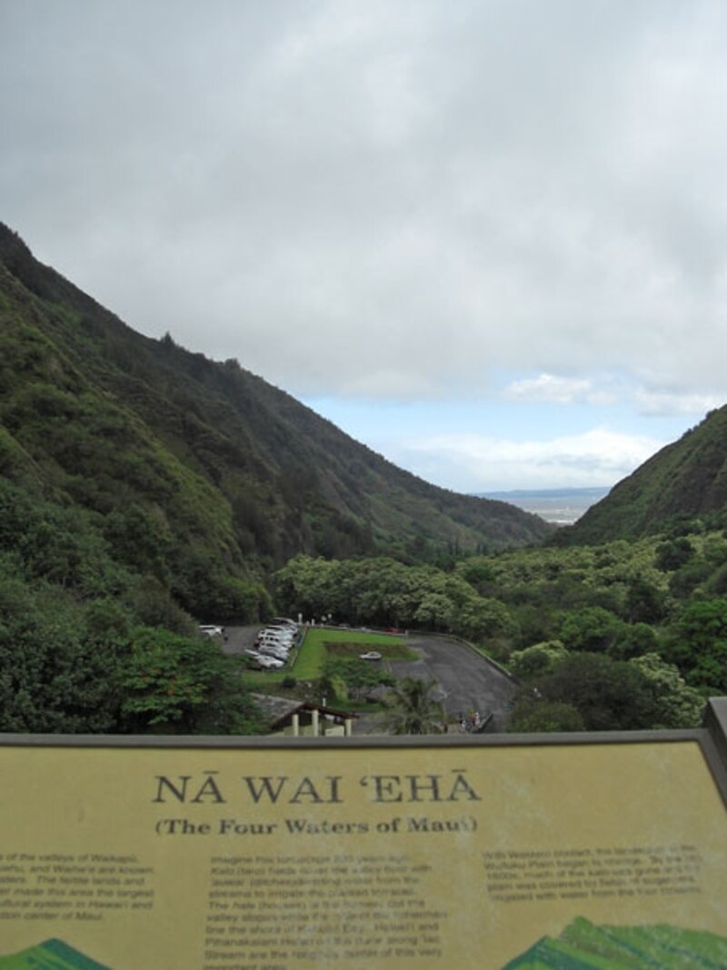 展望台手前からカフルイ湾への眺め。プウ・ククイ山一帯はハワイで2番目に雨が多い場所で、麓にある4つのエリアではタロイモや果実などの栽培がさかんだった
