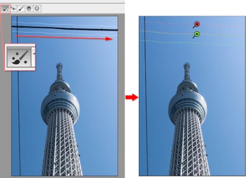 Camera Rawのスポット修正ツールで目障りな電線をドラッグして、きれいさっぱり消している例。