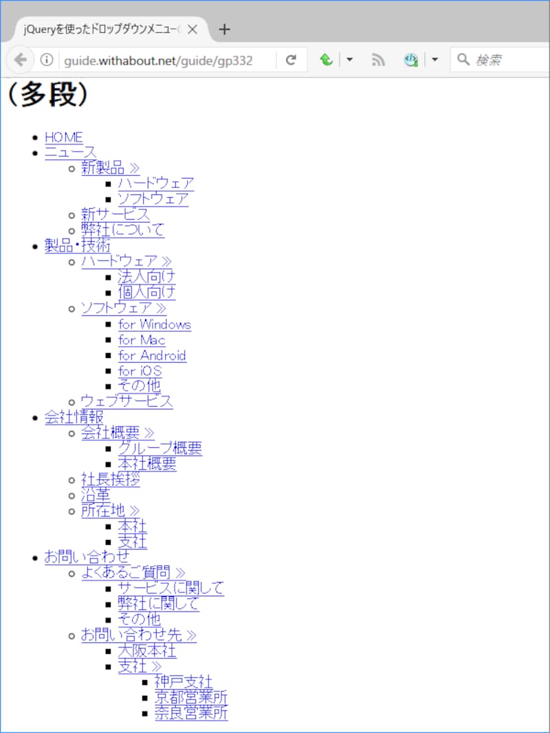 HTMLソースだけを表示すると、ただの箇条書きリストとして表示される