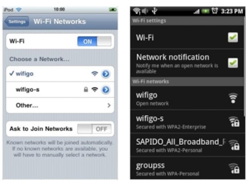 左がiOS、右がAndroidの例。「wifigo」または「wifigo-s」を選択する (c) DSRT