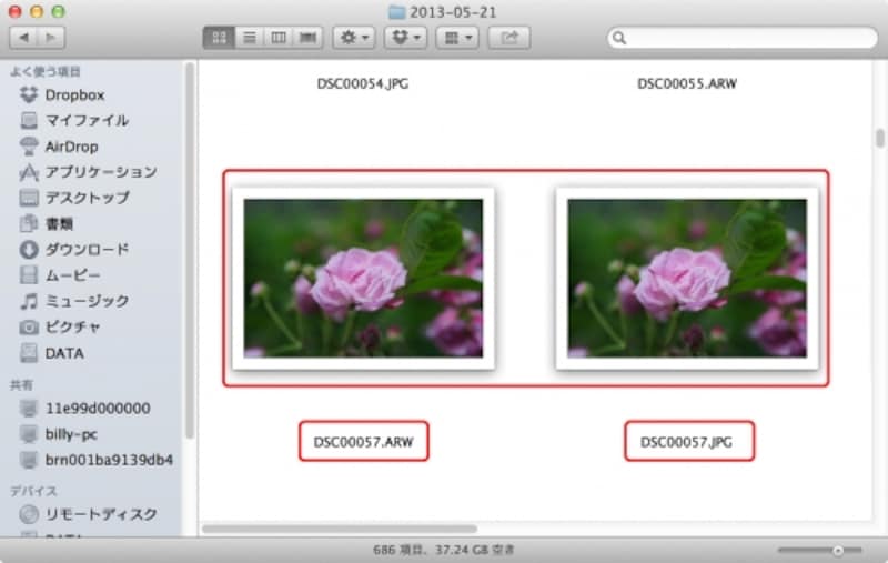 Raw+JPEGで撮影した画像ファイルをMacのファインダーで確認した例。2つのファイルは同名だが拡張子が異なる。左がRawファイル。