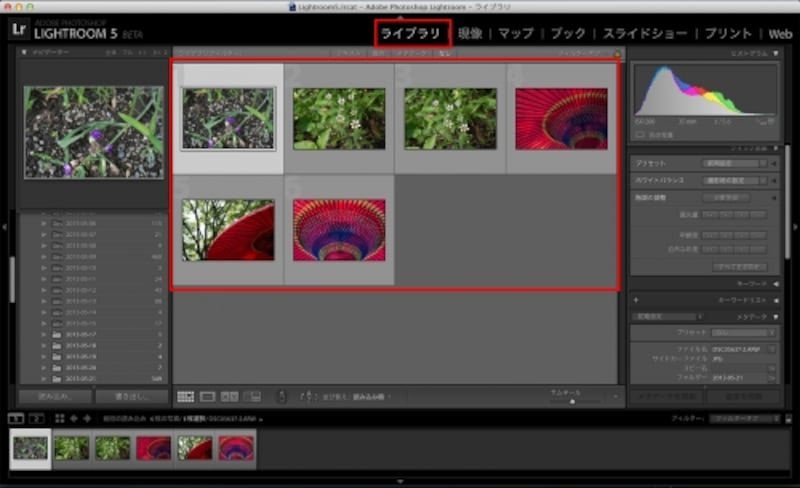 Lightroomの「ライブラリ」に、今回読み込まれた画像の一覧が表示される。
