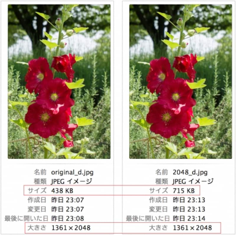 左は2048ピクセルを超える写真をFacebookにアップロードして「438KB」に圧縮されたもの。これに対してあらかじめ2048ピクセルにリサイズしてアップロードした写真は、同じピクセル数であるにも関わらず「715KB」もある。