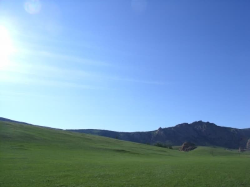 神秘的なまでに青と緑一色のテレルジの大草原。まるで別世界のような感覚にいざなわれる