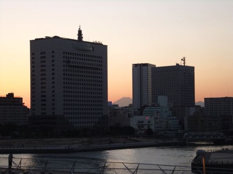 横浜・大さん橋国際客船ターミナル（くじらのせなか）から見える富士山