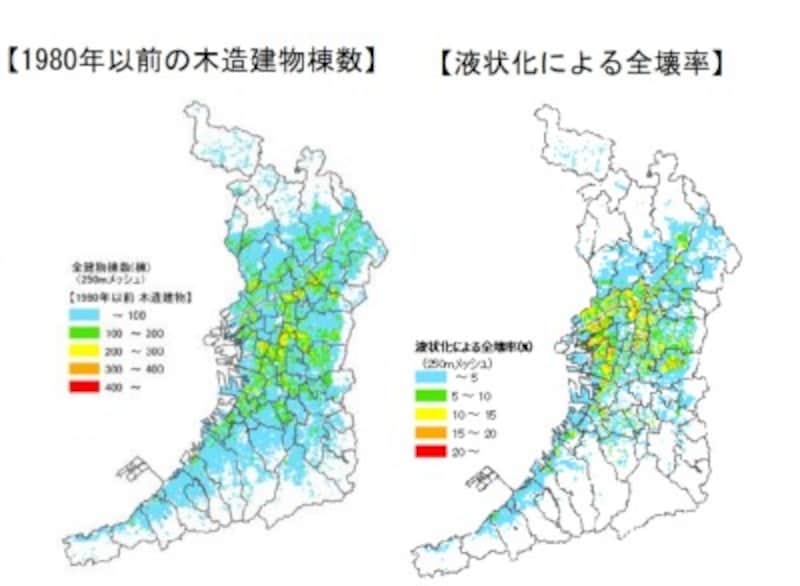 【図2】1980年以前の木造建物棟数と液状化による建物全壊率(出典:大阪府)