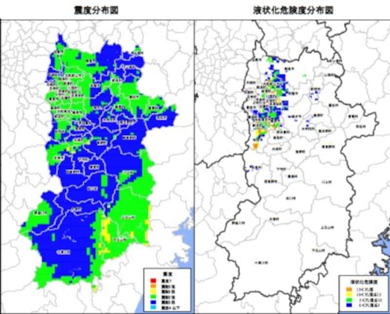 【図6】奈良県 東南海・南海地震同時発生時の震度分布図(左)と液状化危険度分布図(右)(出典:奈良県)