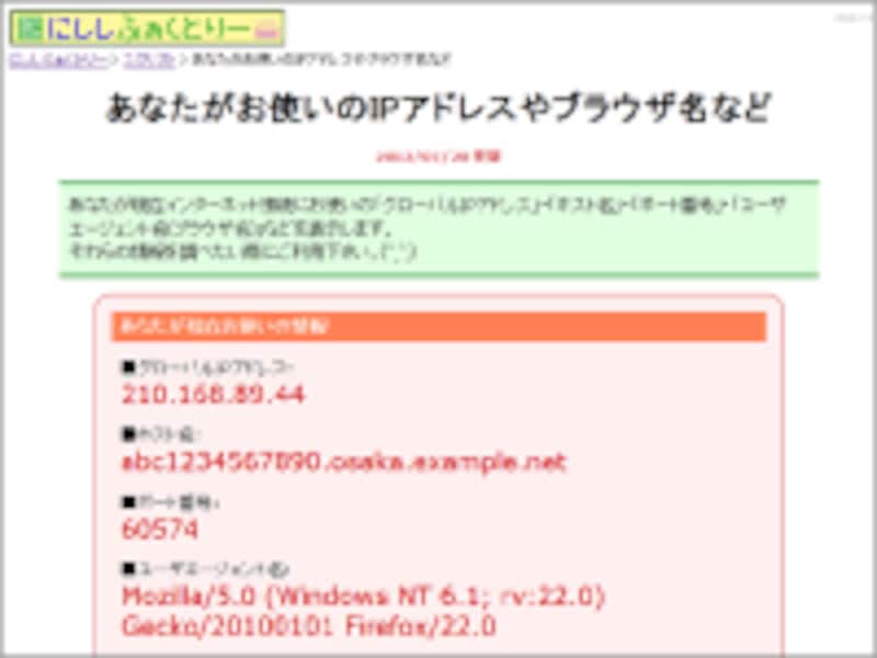 今、ネット接続に利用しているIPアドレスやホスト名を表示してくれるページの例