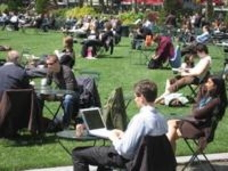 開放的な公園でインターネット検索