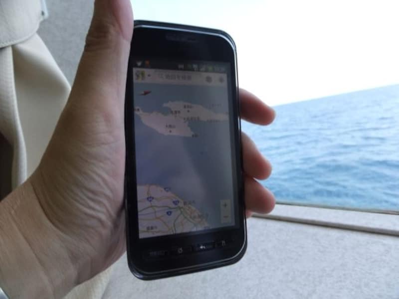 ジェットフォイルの中で表示したスマートフォンでの佐渡の地図