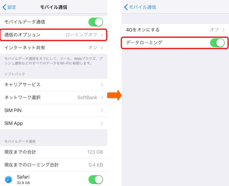 海外でiPhoneを使うときの設定画面