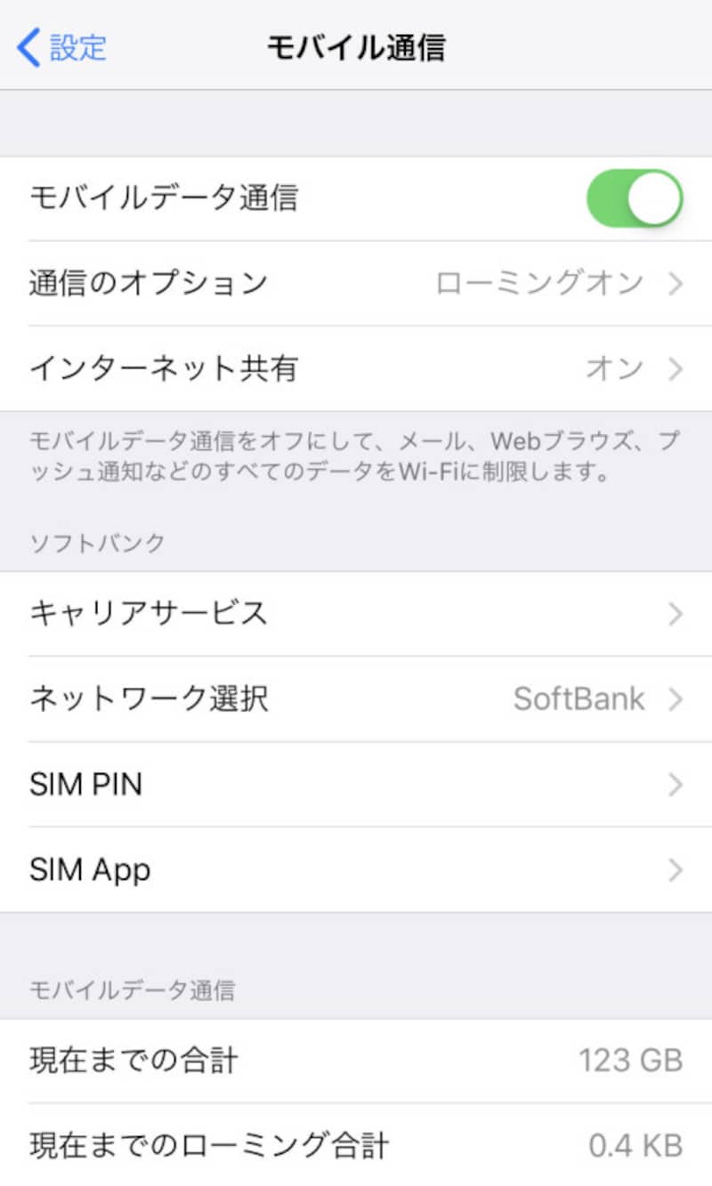 海外でiPhoneを使うときの設定画面