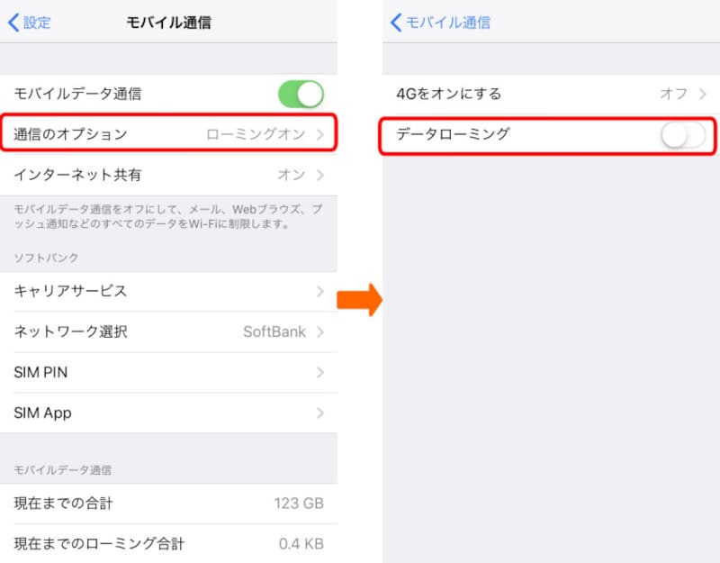 海外でiPhoneを使うときの設定画面