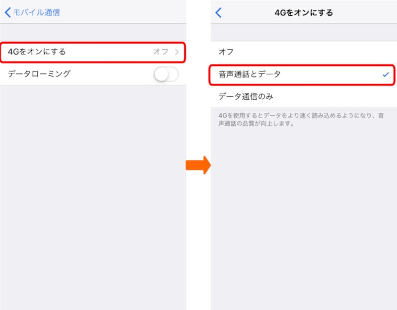 海外でiPhoneを使うときの設定画面