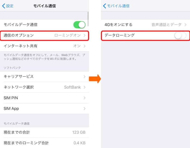 海外でiPhoneを使うときの設定画面