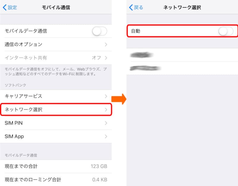 海外でiPhoneを使うときの設定画面